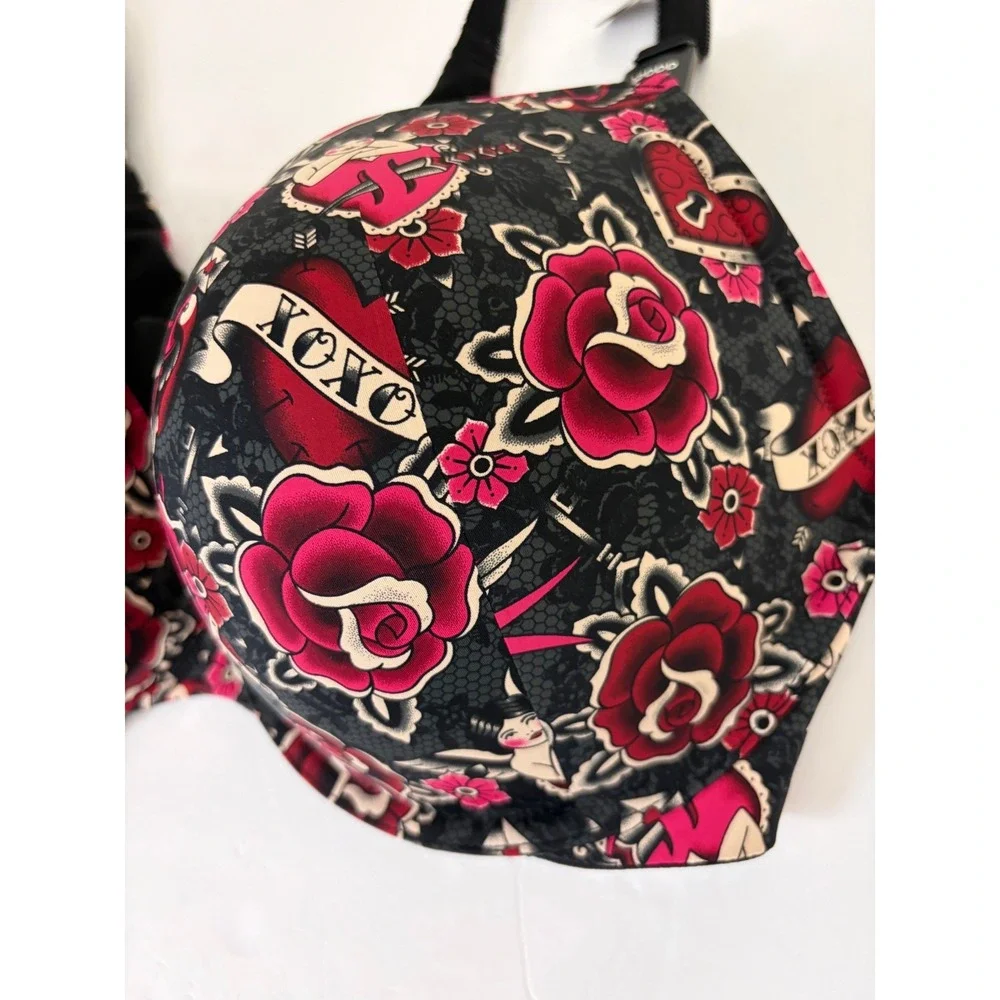 Torrid Curve XO‎ Plunge Push-Up Smooth Bra Sz 42DDD Black Red Rose Tattoo Floral